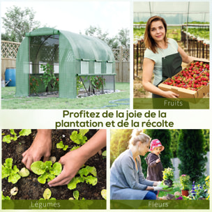 Serre de jardin tunnel 6 m² 6 fenêtres porte zippée acier galvanisé PE vert
