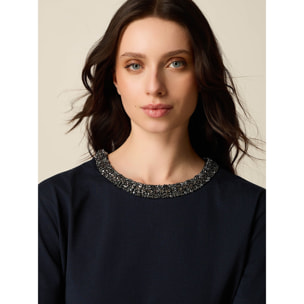 Oltre - T-shirt in cotone con collo gioiello - Blu