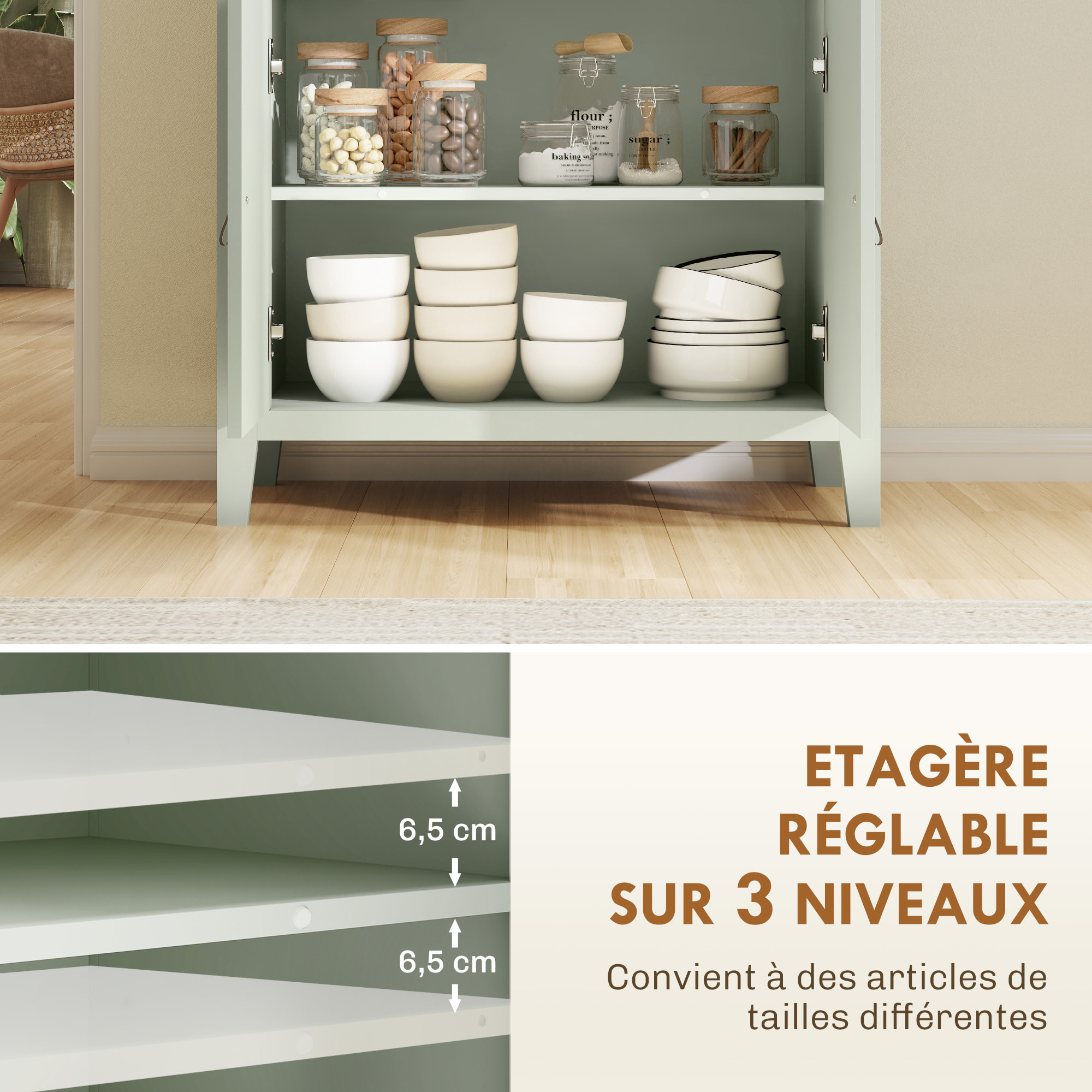 Buffet 2 portes étagère tiroir poignées lanières aspect cuir dim. 80 x 40 x 90 cm vert d'eau