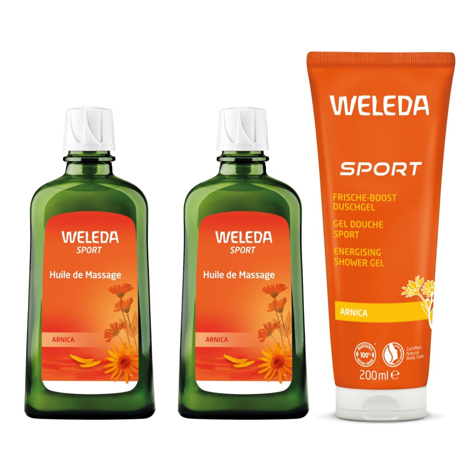WELEDA - LOT Rituel corps et douche - Huile de massage Arnica + Gel douche sport à l'Arnica - pour Sportifs - Vegan*- Natrue** - 2x200ml - 200ml