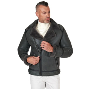 Chiodo Montone Shearling grigio con cerniera trasversale