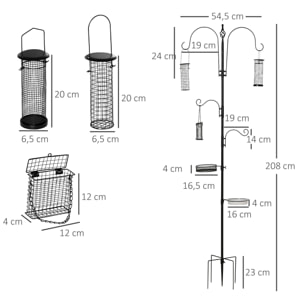 Station d'alimentation pour oiseaux en acier H.208cm 4 crochets contenant eau nourriture