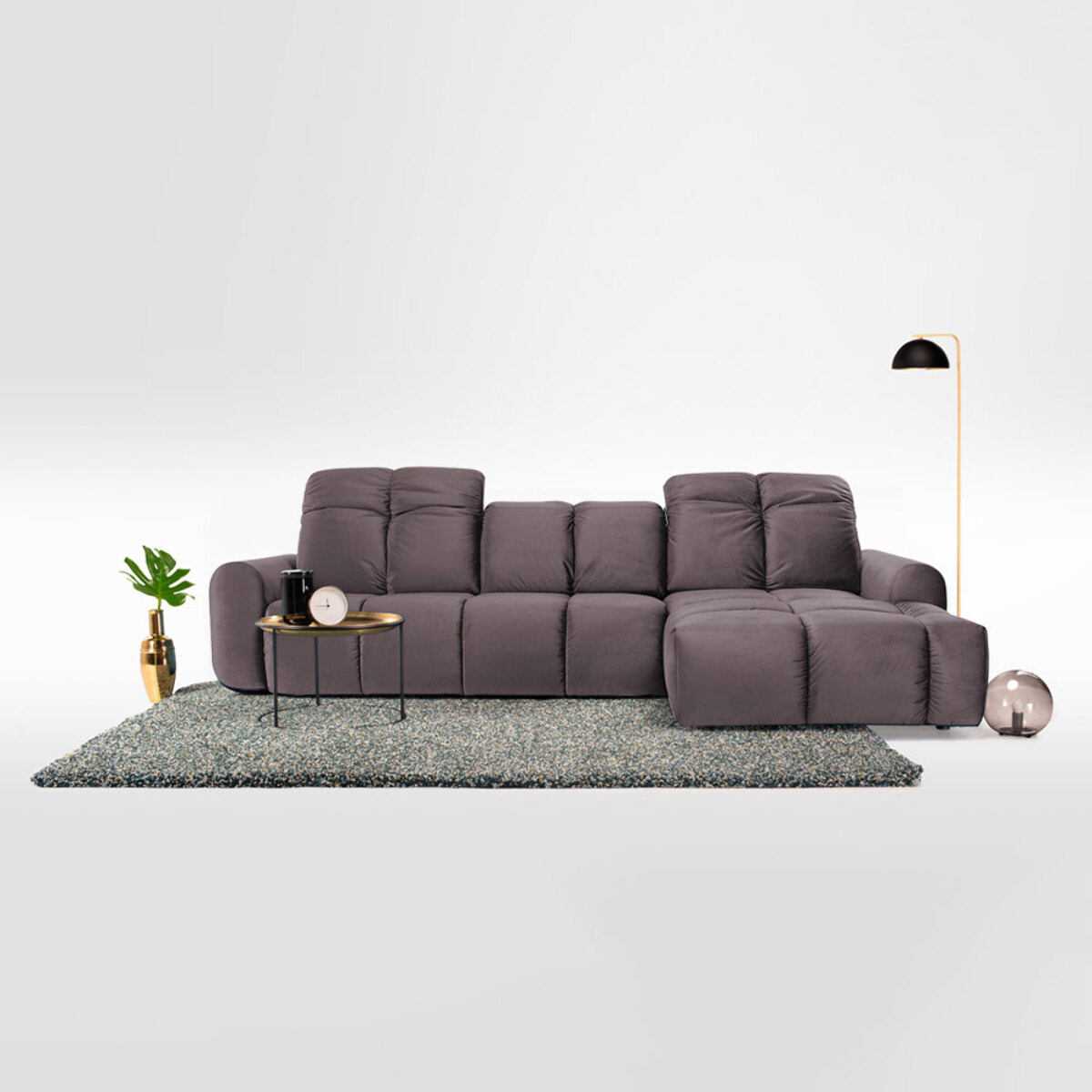 Canapé d'Angle Droit Convertible Velours Anacapri, 3 Places, Couchage Intégré, Coffre de Rangement, Repose-têtes Ajustables