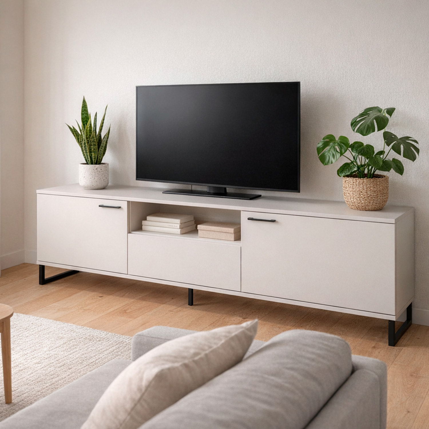 Mobile Porta TV Con 2 Ante A Ribalta 1 Cassetto E Vano a Giorno Design Moderno Piedini Slanciati Stile Nordico Industriale 179 x 60 x 40 Cm Cashmere