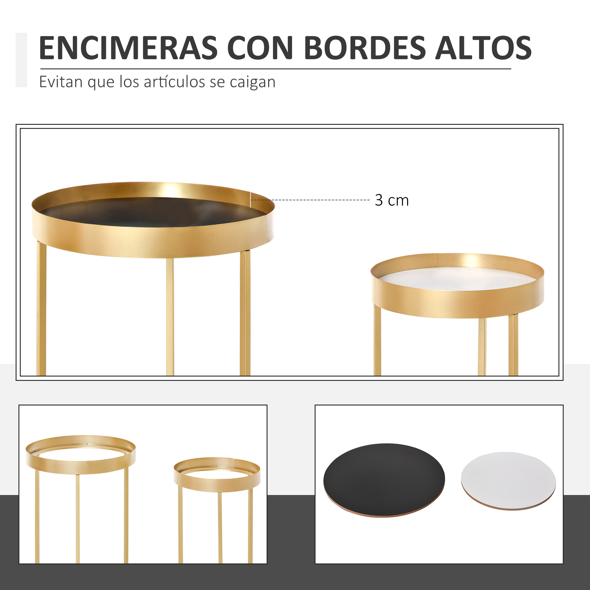 Juego de 2 Mesas de Café Moderno Set de 2 Mesas de Centro Apilables Estructura de Metal Dorado Sala de Estar Ø39x63 cm y Ø30,8x56 cm Encimera Negro y Blanco