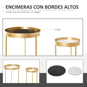 Juego de 2 Mesas de Café Moderno Set de 2 Mesas de Centro Apilables Estructura de Metal Dorado Sala de Estar Ø39x63 cm y Ø30,8x56 cm Encimera Negro y Blanco
