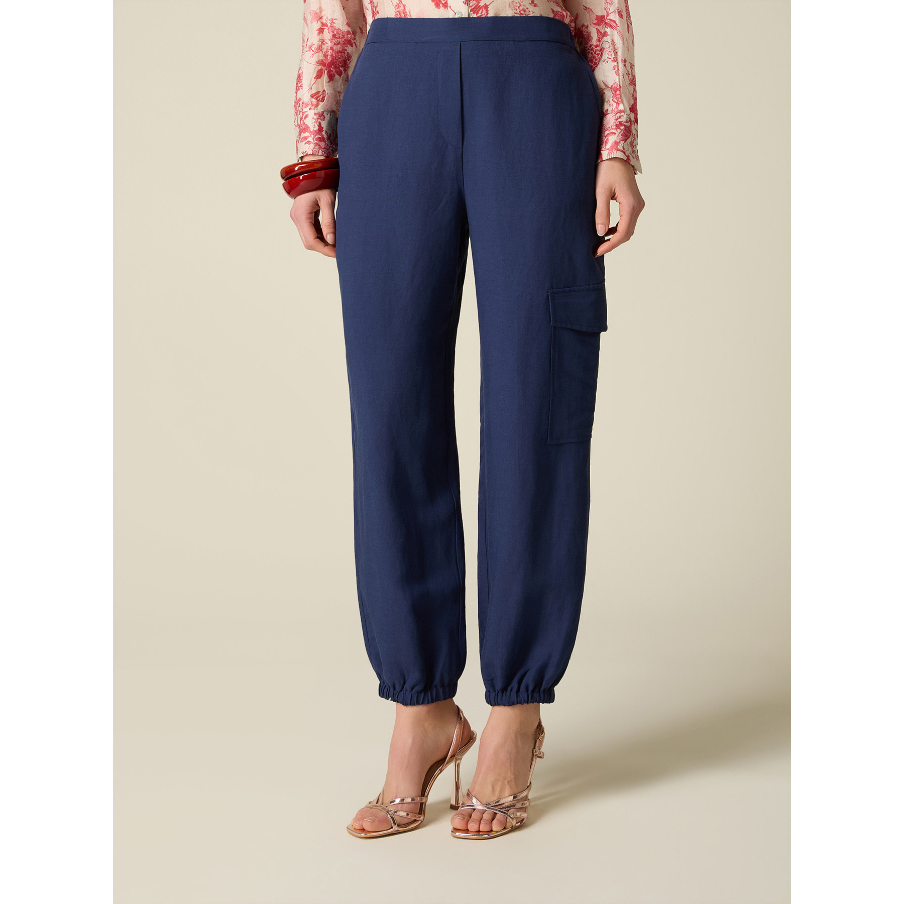 Oltre - Pantaloni cargo in lino/viscosa - Blu