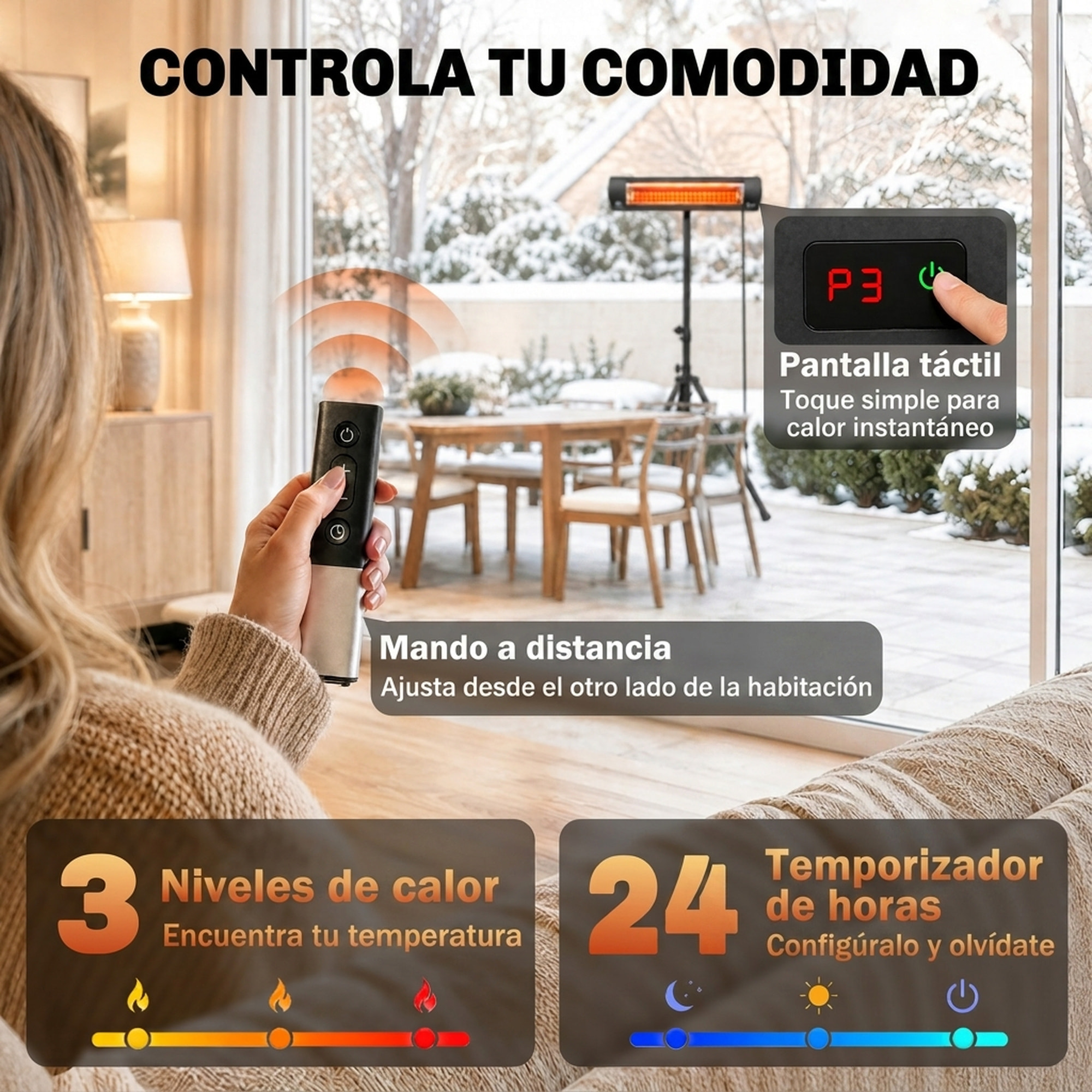 Calefactor por Infrarrojos para Terraza 2500 W, Estufa Exterior Eléctrica de Pie de Aluminio con IP65, Trípode Regulable, 3 Niveles de Calor, Control Táctil/Remoto, Temporizador 24 H