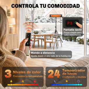 Calefactor por Infrarrojos para Terraza 2500 W, Estufa Exterior Eléctrica de Pie de Aluminio con IP65, Trípode Regulable, 3 Niveles de Calor, Control Táctil/Remoto, Temporizador 24 H