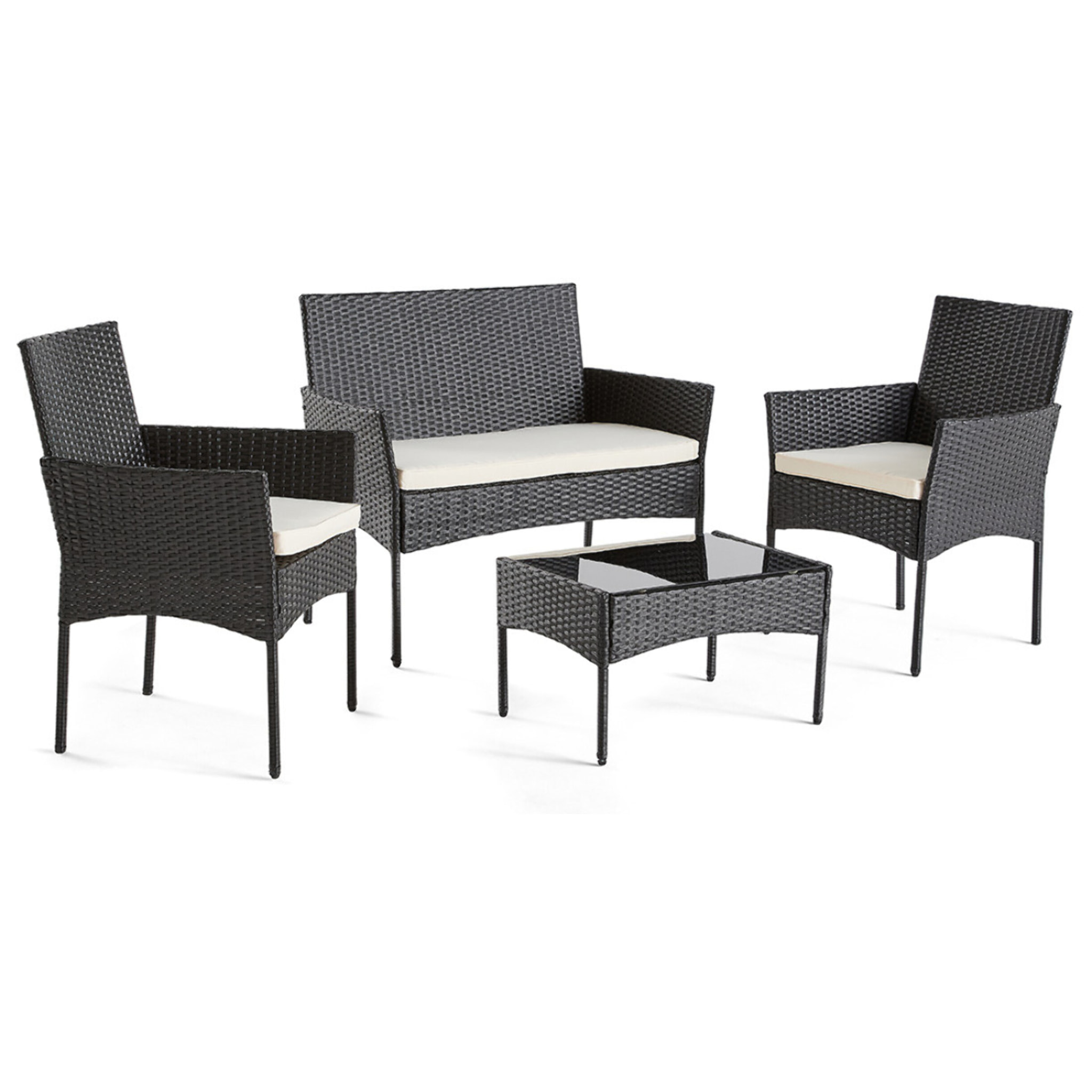 Marbella - salon bas de jardin 4 places - en résine tressée - noir avec coussins beiges - Noir / Blanc
