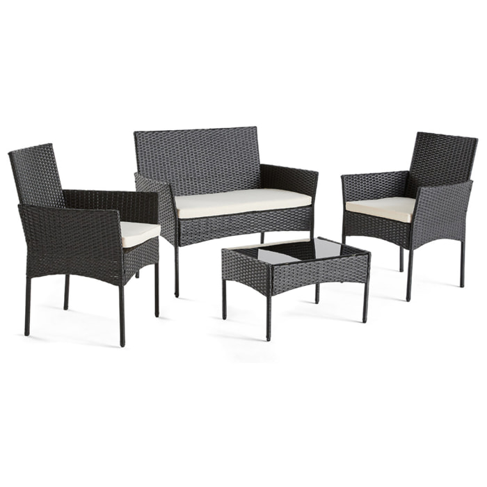 Marbella - salon bas de jardin 4 places - en résine tressée - noir avec coussins beiges - Noir / Blanc