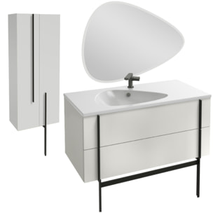 Meuble de salle de bain 100 cm Nouvelle Vague blanc brillant + colonne 2 portes + miroir + pied