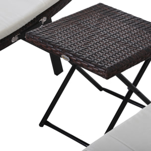 Lot de 2 transats bains de soleil pliables grand confort : matelas, têtière + table basse résine tressée chocolat