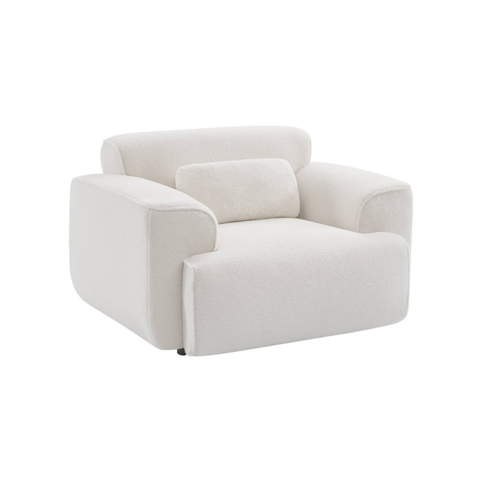 Fauteuil tissu bouclette blanche. lignes arrondis. coussin fourni. Wallas. L 116 x P 97 x H 73cm