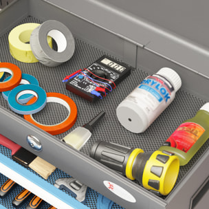 DURHAND Caja de Herramientas Metálica Maletín de Herramientas con 4 Cajones Bandeja Superior Cerradura y Asas Laterales Carga 20 kg 45x24,5x32,5 cm Gris y Azul