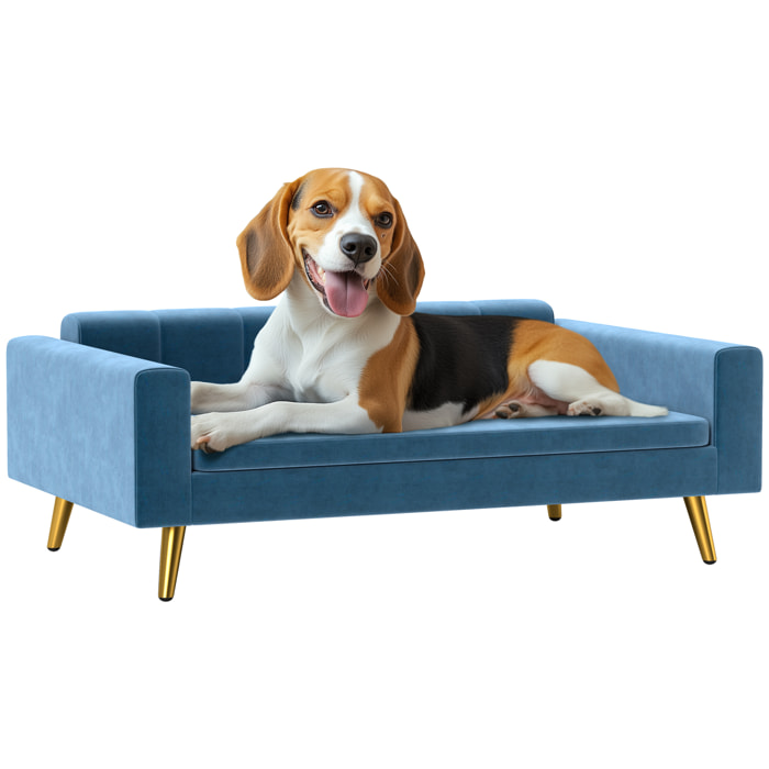 Canapé chien style art déco - dim. 94L x 59l x 31H cm - coussin amovible déhoussable - acier doré velours bleu