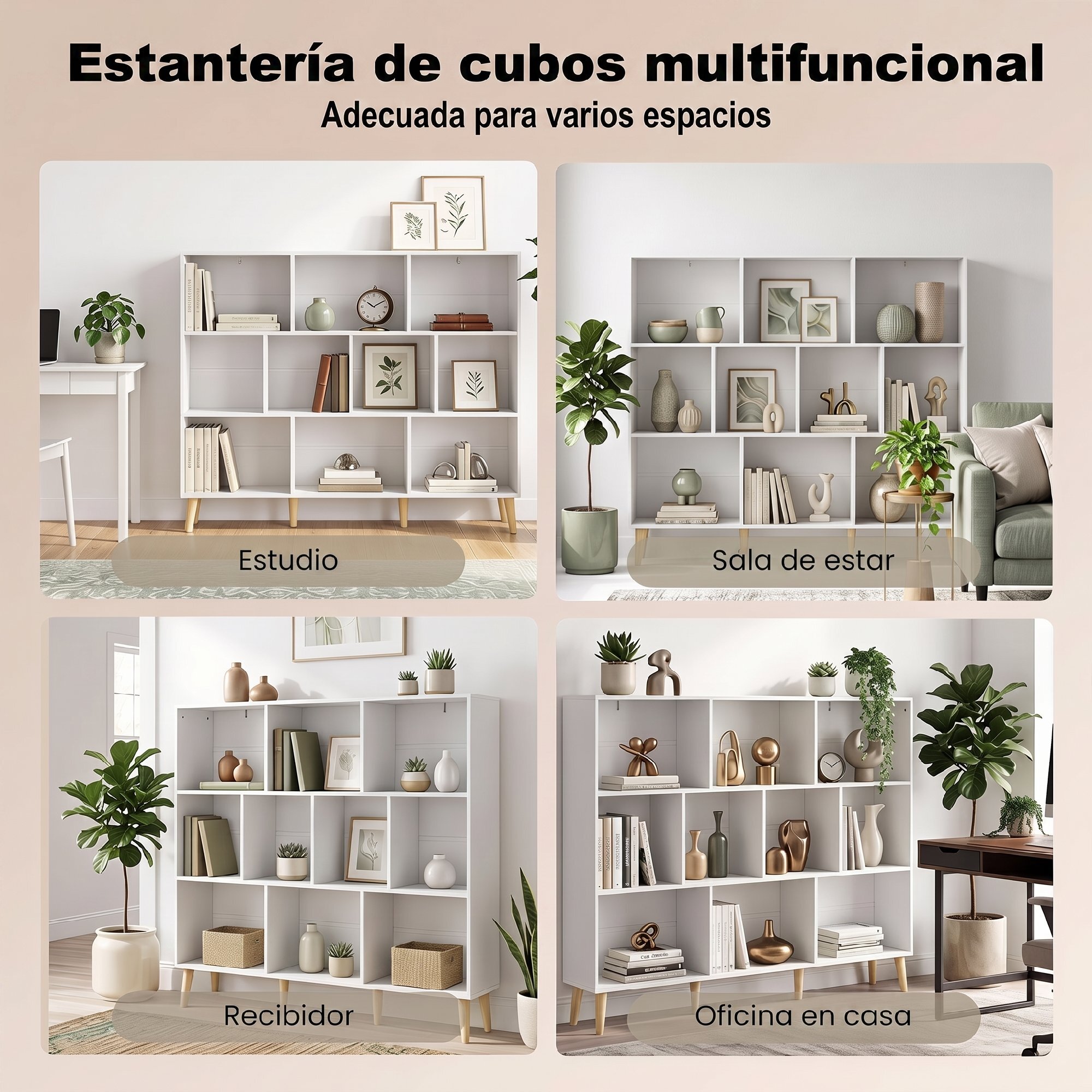 Estantería de 10 Cubos, Librería de 3 Niveles con Patas de Madera Maciza, para Dormitorio, Salón, Estudio u Oficina, 140x24x107 cm, Blanco