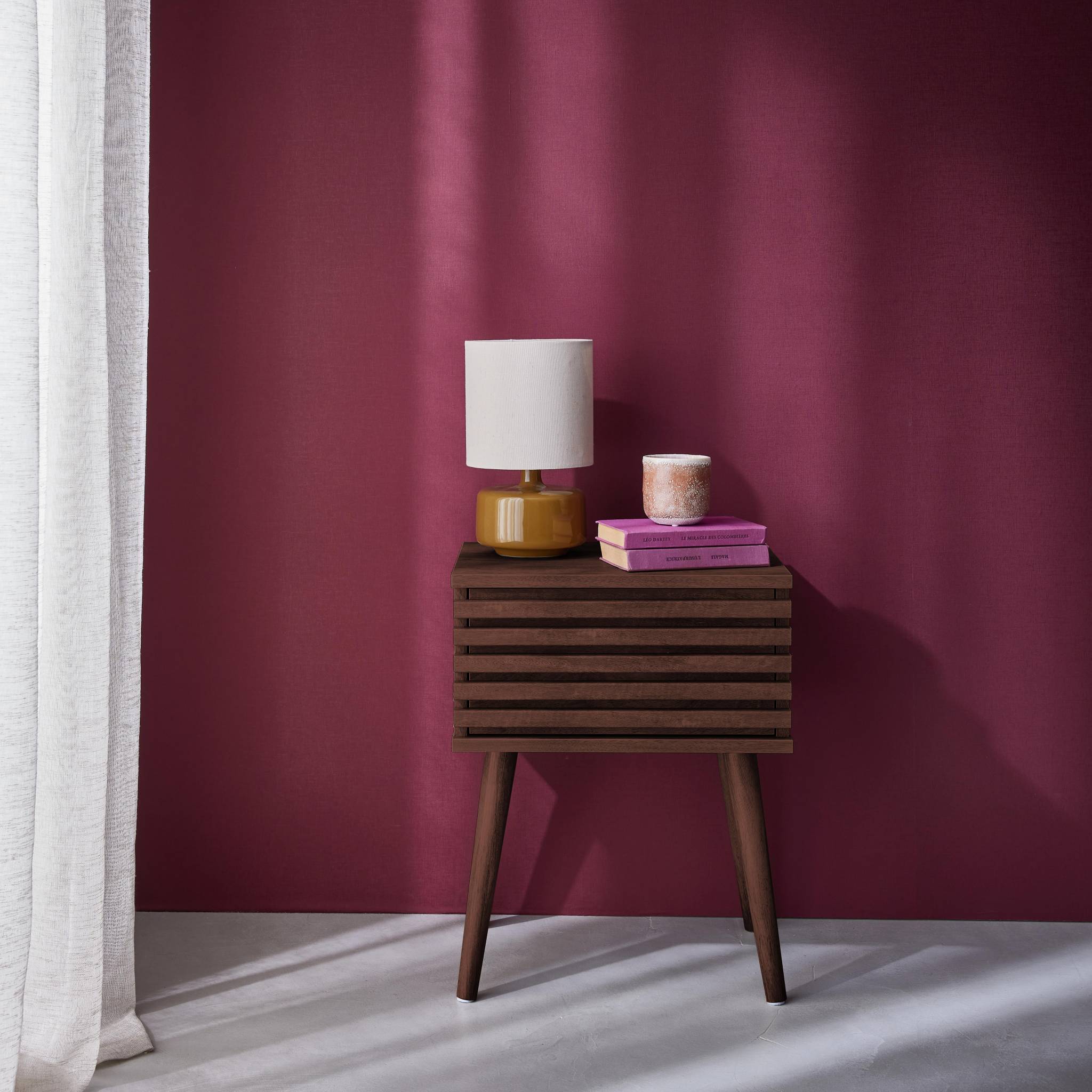 Table de chevet style scandinave décor bois couleur noyer avec tiroir rainuré et pieds compas