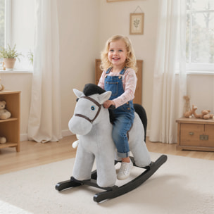 Cheval à bascule enfant +12 mois effets sonores poignées selle doudou aspect velours cotelé gris