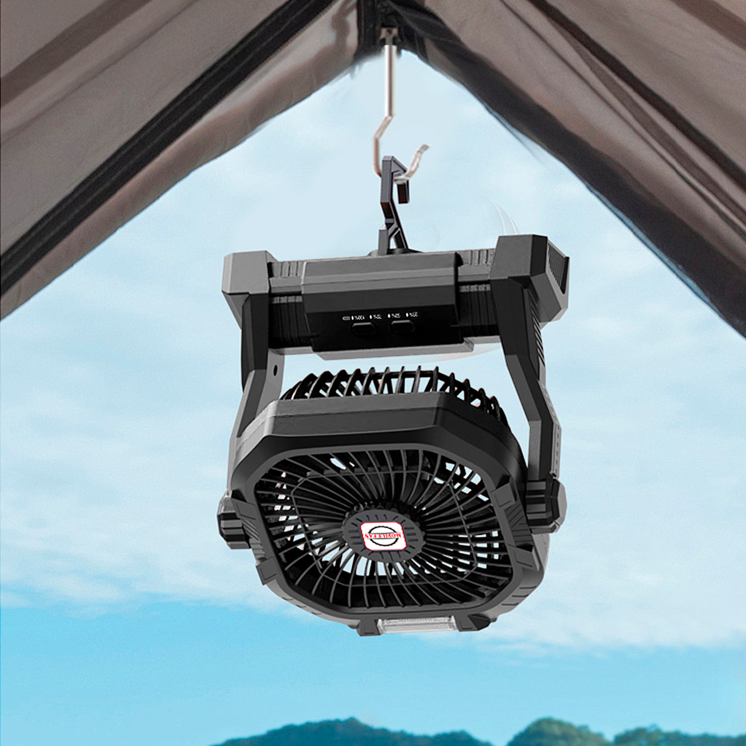 Ventilador P50 con motor sin escobillas, LED con 8 luces, 4 velocidades, 3 niveles de luz. Ángulo ajustable de 180º, gancho para colgar y powerbank de 7800 mAh.