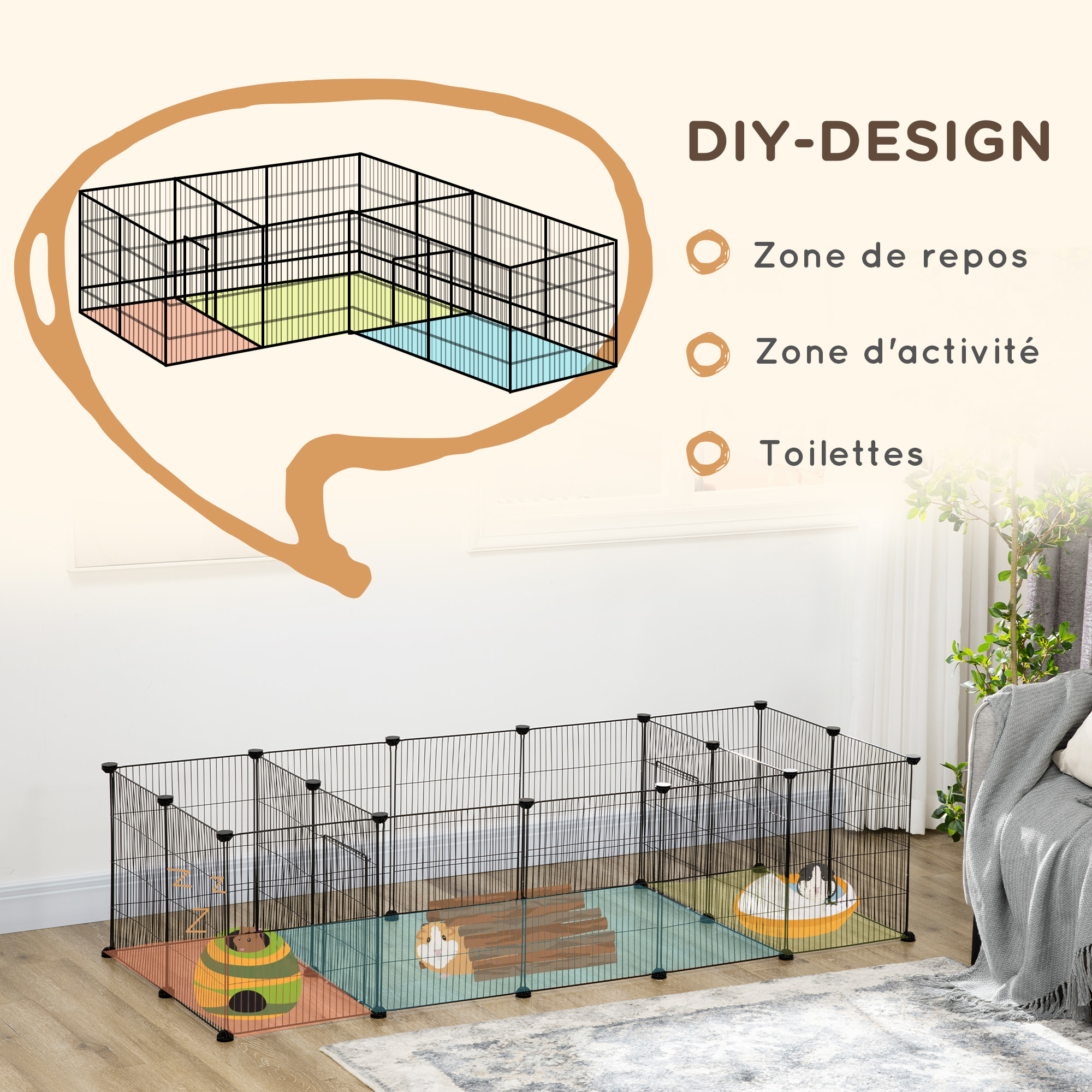 Parc enclos modulable petits animaux lapins rongeurs chiots - 18 panneaux en fil d'acier - 2 portes - 175L x 70l x 45H cm - noir