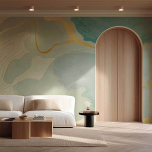 Papier peint art abstrait bleu et or effet marbre moderne Intissé