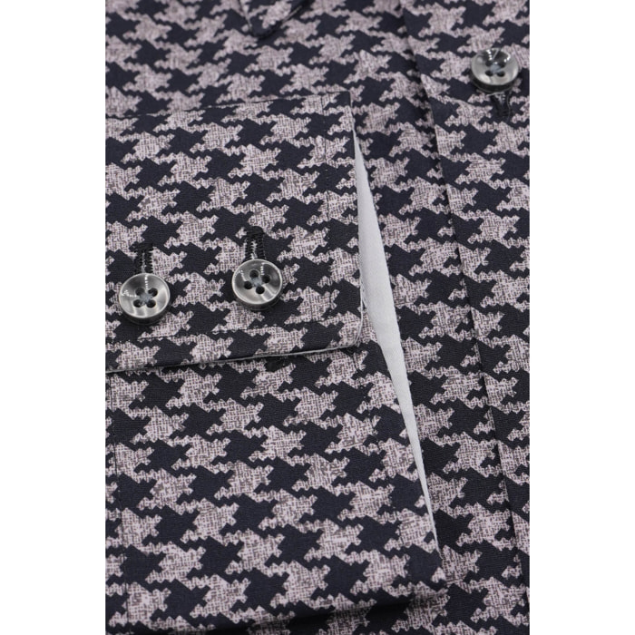 Camicia Uomo 2bottoni Button Down Doppio Collo Slim Popeline Stampato Grigio Scuro/Nero