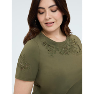 Fiorella Rubino - T-shirt in cotone con pizzo e borchie - Verde militare