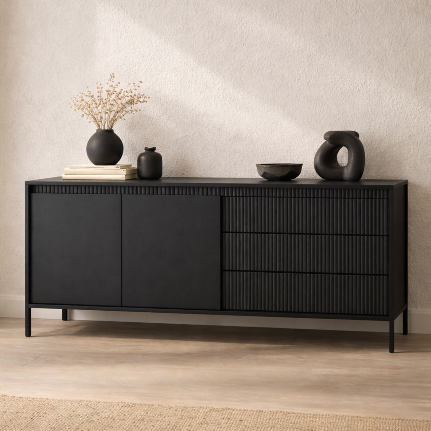 Madia Credenza 2 Ante 3 Cassetti Push To Open Con Ripiani E Vani Mobile Soggiorno Design Moderno Con Piedini In Metallo 187.1 x 81.4 x 39.5 Cm Nero
