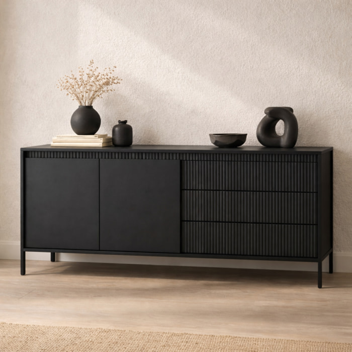 Madia Credenza 2 Ante 3 Cassetti Push To Open Con Ripiani E Vani Mobile Soggiorno Design Moderno Con Piedini In Metallo 187.1 x 81.4 x 39.5 Cm Nero