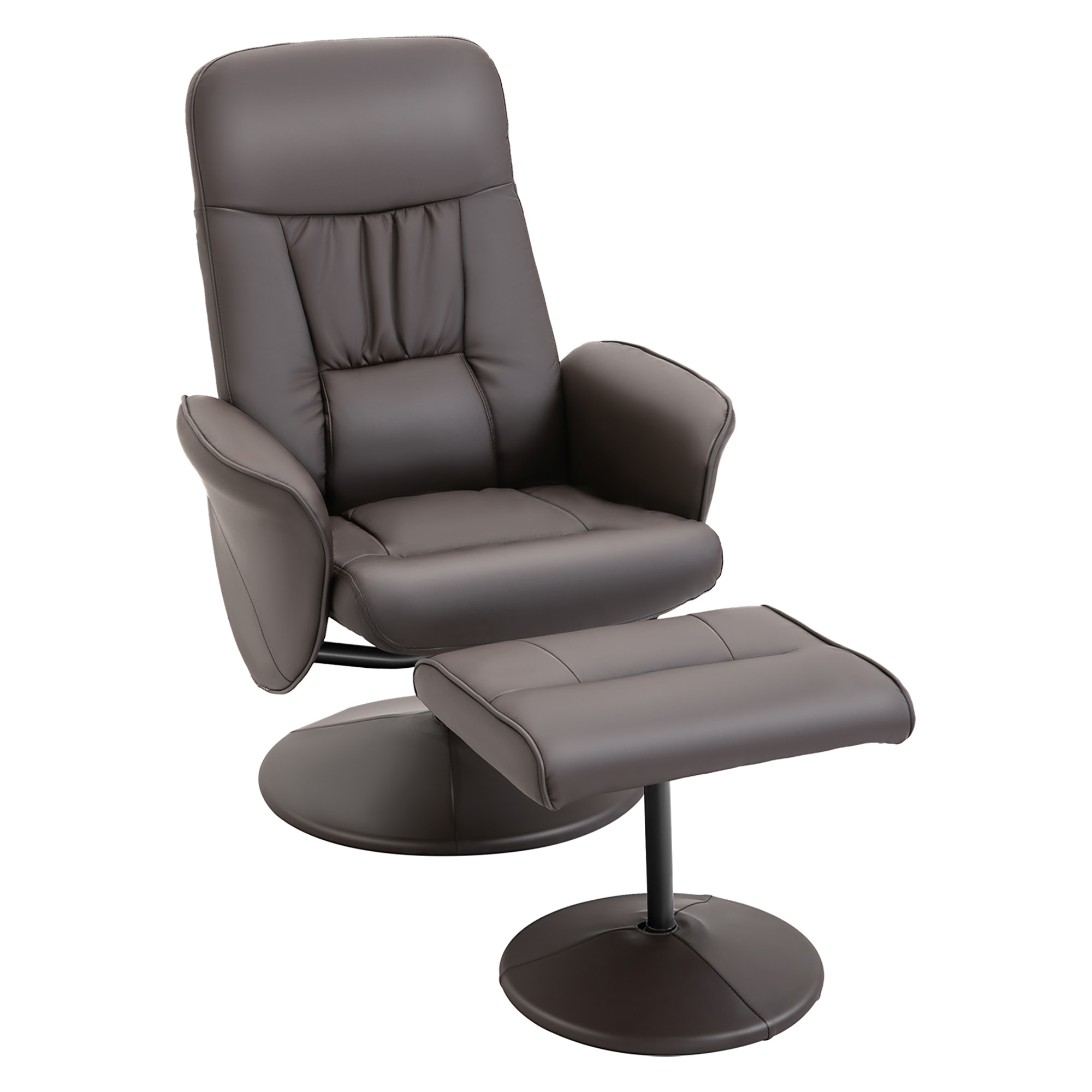 HOMCOM Sillón de Salón con Otomana Reposapiés Tapizado en PU Sillón Relax Reclinable hasta 145° y Giratorio 360° con Respaldo Ajustable para Salón Dormitorio Oficina 81x81x105 cm Marrón