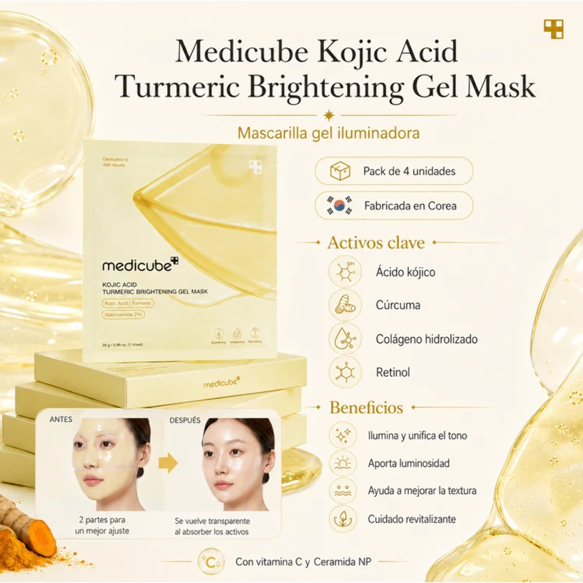 4x Mascarilla facial Kojic Acid Turmeric Brightening Gel Mask Medicube 28 g