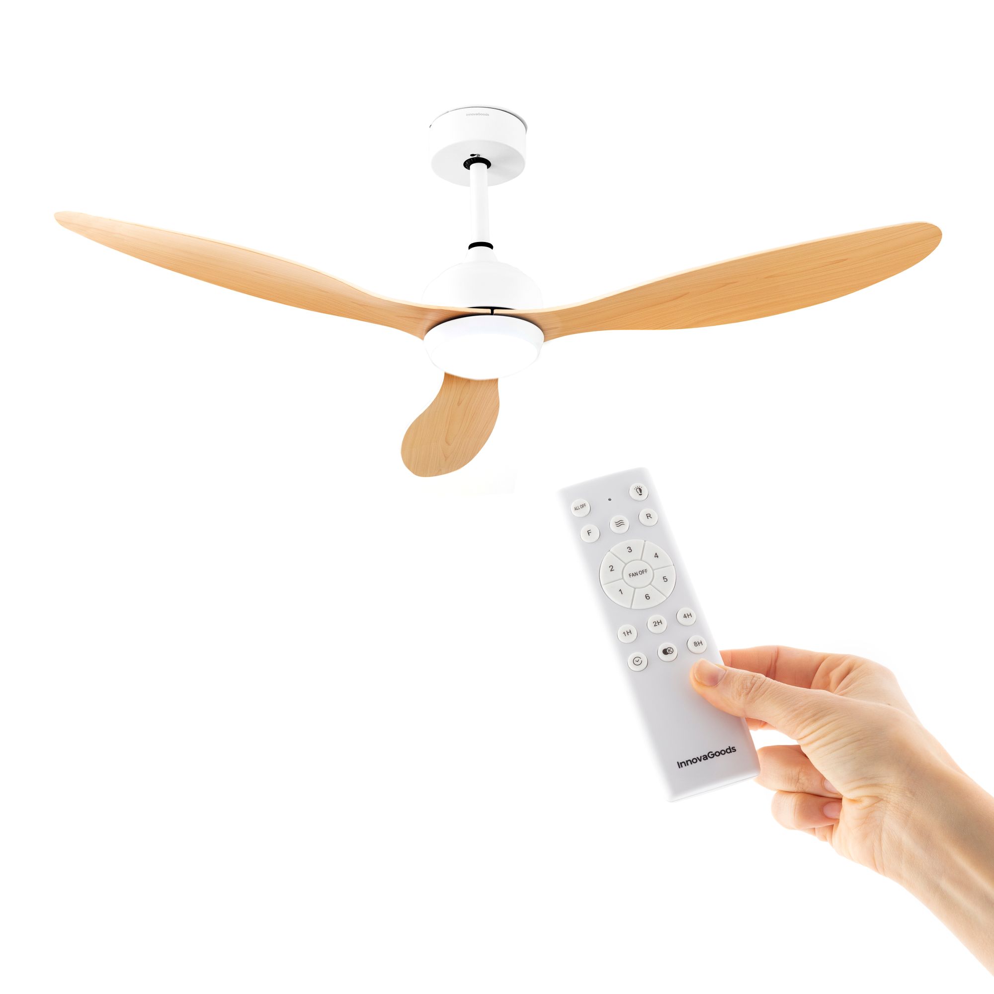 Ventilatore a soffitto con luce LED e 3 pale in ABS Flaled - legno e bianco - Ø132x35 cm
