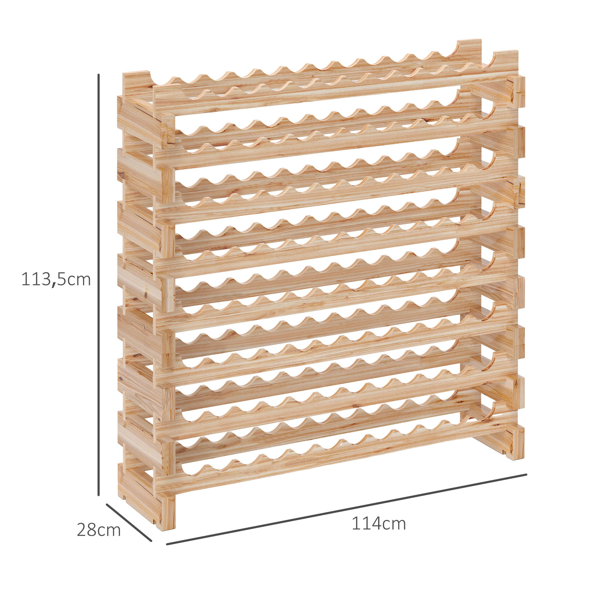 Botellero Vino 96 Botellas, Botellero de Madera de 8 Niveles, Carga 100 kg, para Cocina, Comedor, Bar, 114x28x113,5 cm, Madera Natural