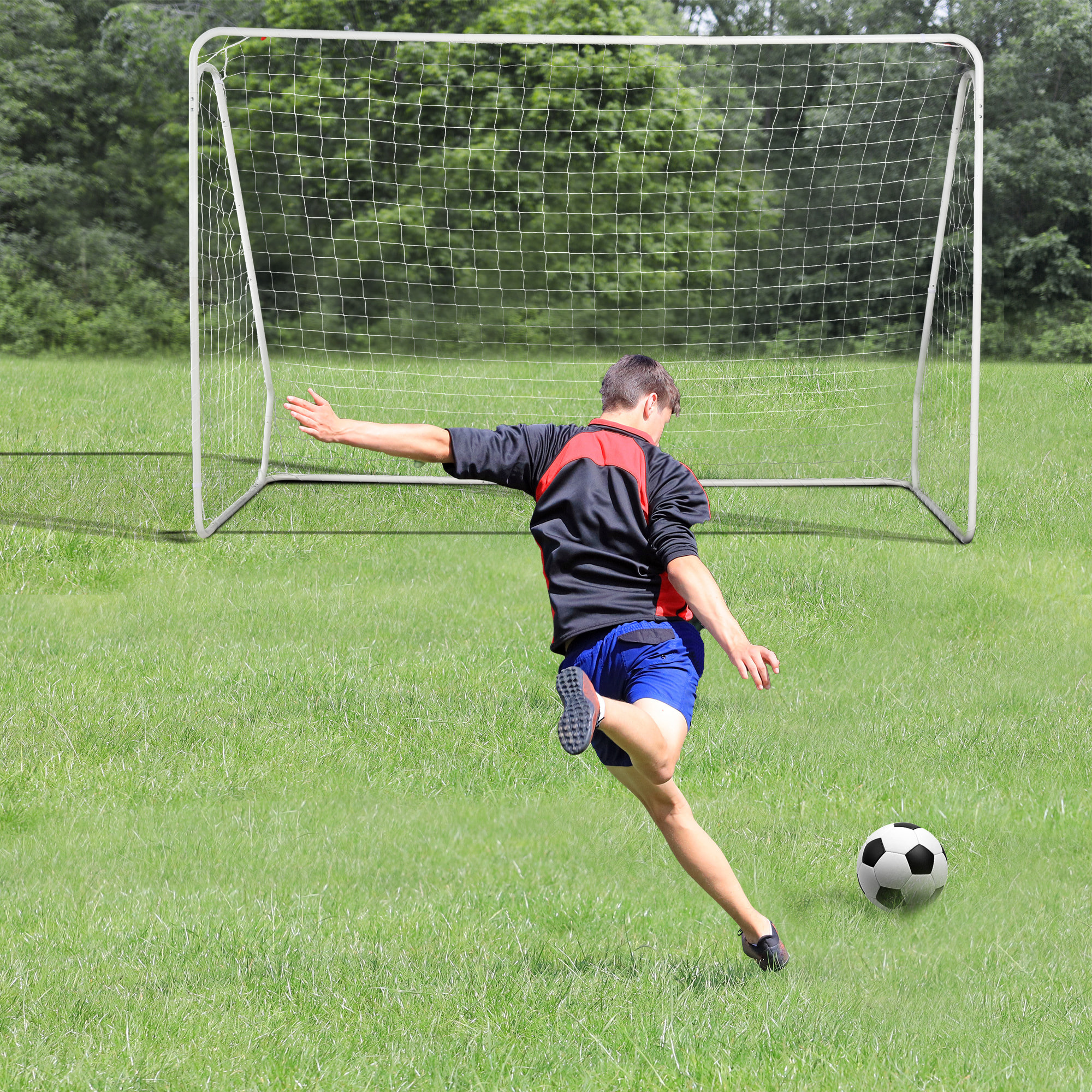 But de football châssis métal époxy filet PE - piquets inclus - blanc