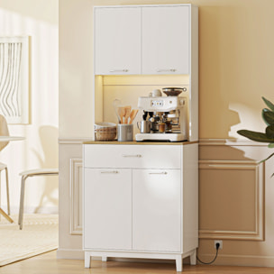 Alacena de Cocina con Luces LED y Estación de Carga, Control por APP, Mueble Auxiliar de Cocina con 4 Puertas, Cajón, Encimera Abierta para Microondas, Estantes Ajustables, 71x40x180 cm, Blanco