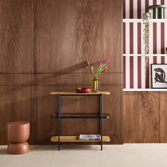 Etagère bibliothèque verre, décor bois et métal 3 niveaux SMOOKY