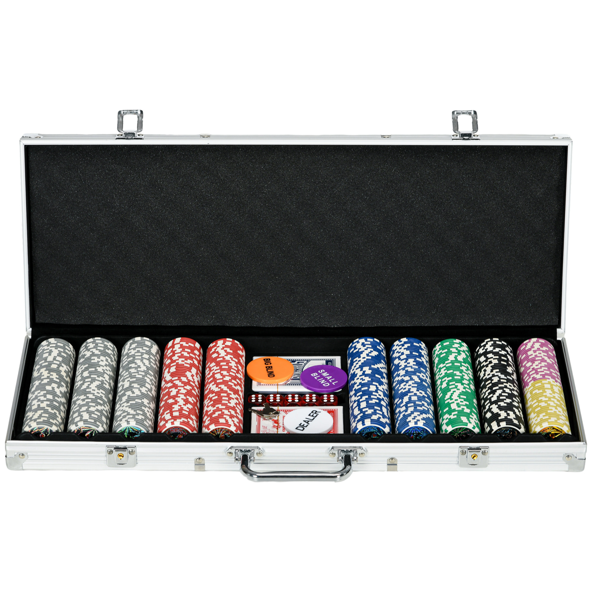 Juego de Póker Profesional, Maletín de Póker de Aluminio con 500 Fichas de 11,5 g, 2 Barajas de Cartas, 5 Dados, Tapete y Botón de Crupier, para 9-10 Jugadores con Cerradura, Plateado