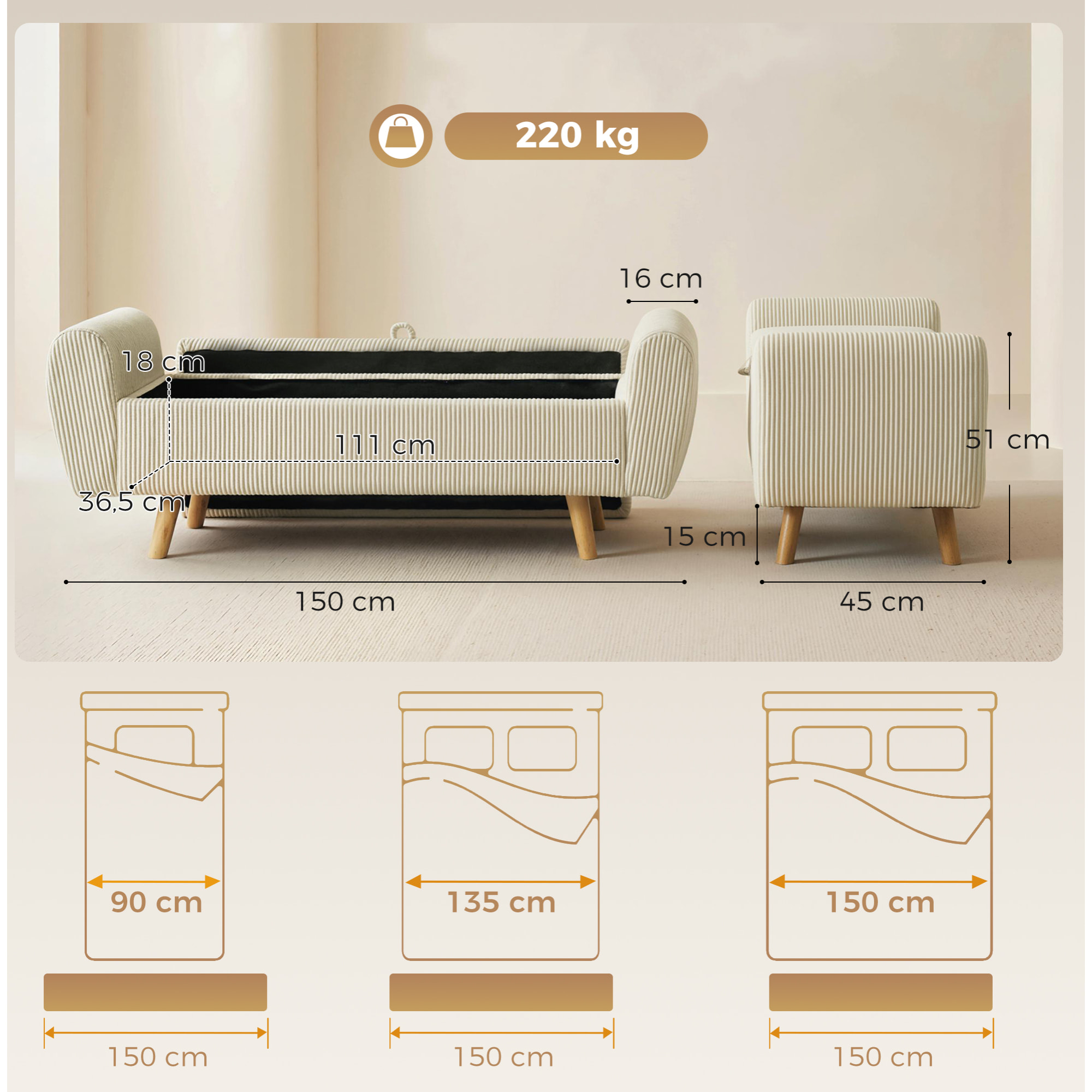 Banco Almacenaje 150 cm, Puff Almacenaje Tapizado en Pana, Banco Pie de Cama con Brazos Redondeados y Patas de Madera, Otomana para Dormitorio, Salón, Recibidor, Beige