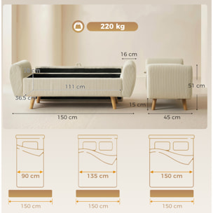 Banco Almacenaje 150 cm, Puff Almacenaje Tapizado en Pana, Banco Pie de Cama con Brazos Redondeados y Patas de Madera, Otomana para Dormitorio, Salón, Recibidor, Beige