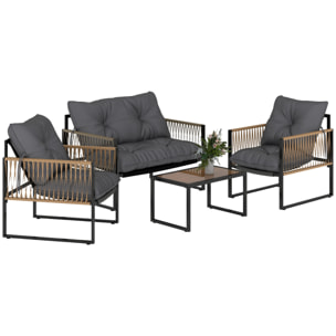 Conjunto Jardín Exterior de Ratán, Muebles Jardín Exterior para 4 Piezas, Muebles Terraza con 1 Sofá de 2 Plazas, 2 Sillones, Cojines y 1 Mesa de Tablero de Vidrio, para Patio, Gris y Marrón