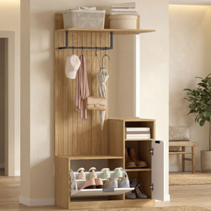 Perchero Zapatero, Perchero Entrada Recibidor con Zapatero, Espejo, Armario, Estantes Abiertos y 4 Ganchos, Estilo Moderno, para Pasillo Dormitorio, 80x36x168 cm, Roble