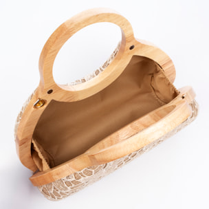 Avisio bolso de mano fabricado en madera natural, algodón y jute con diseño malla de tejido floral