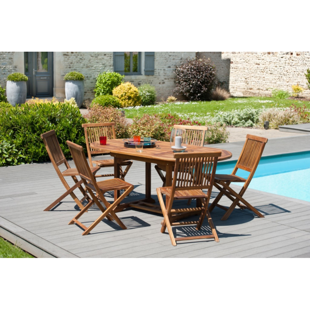 HANNA - Table de jardin 4/6 personnes - ovale extensible 120/180 x 90 cm en bois Teck huilé