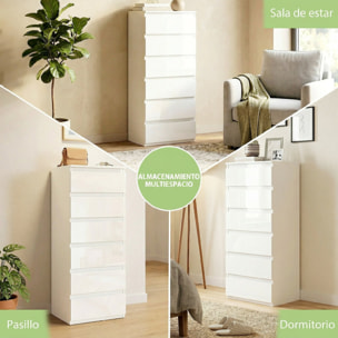 Cómoda 6 Cajones, Cómoda Dormitorio Estrecha de Blanco Brillo, Sinfonier, Ahorro Espacio, Cajonera para Sala de Estar, Comedor, Entrada, 40x35x109 cm