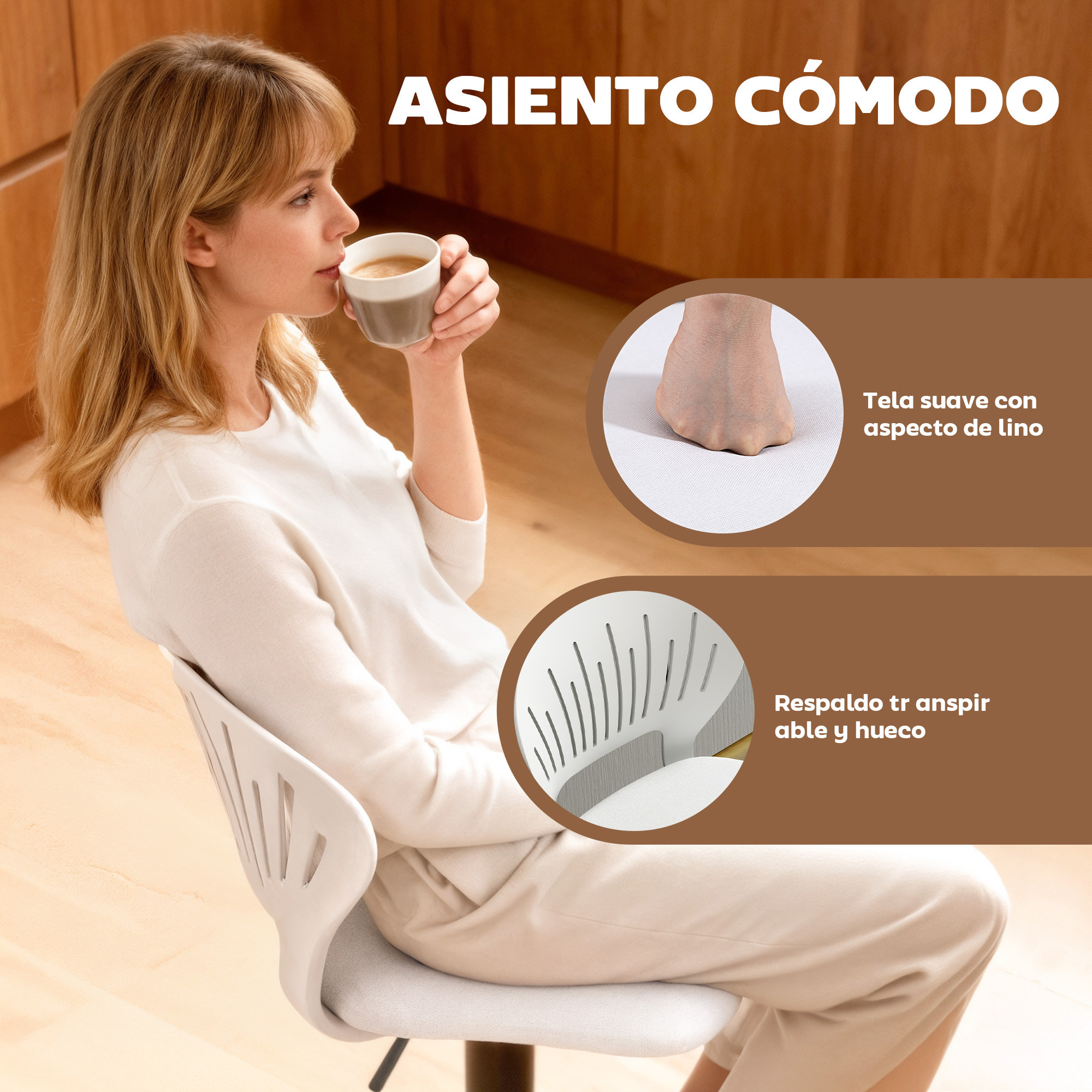 Juego de 2 Taburetes Altos de Cocina Giratorios en 360°, Taburetes de Bar Regulables en Altura de 84-105 cm, Respaldo Hueco, Reposapiés, para Comedor, Mostrador, Blanco