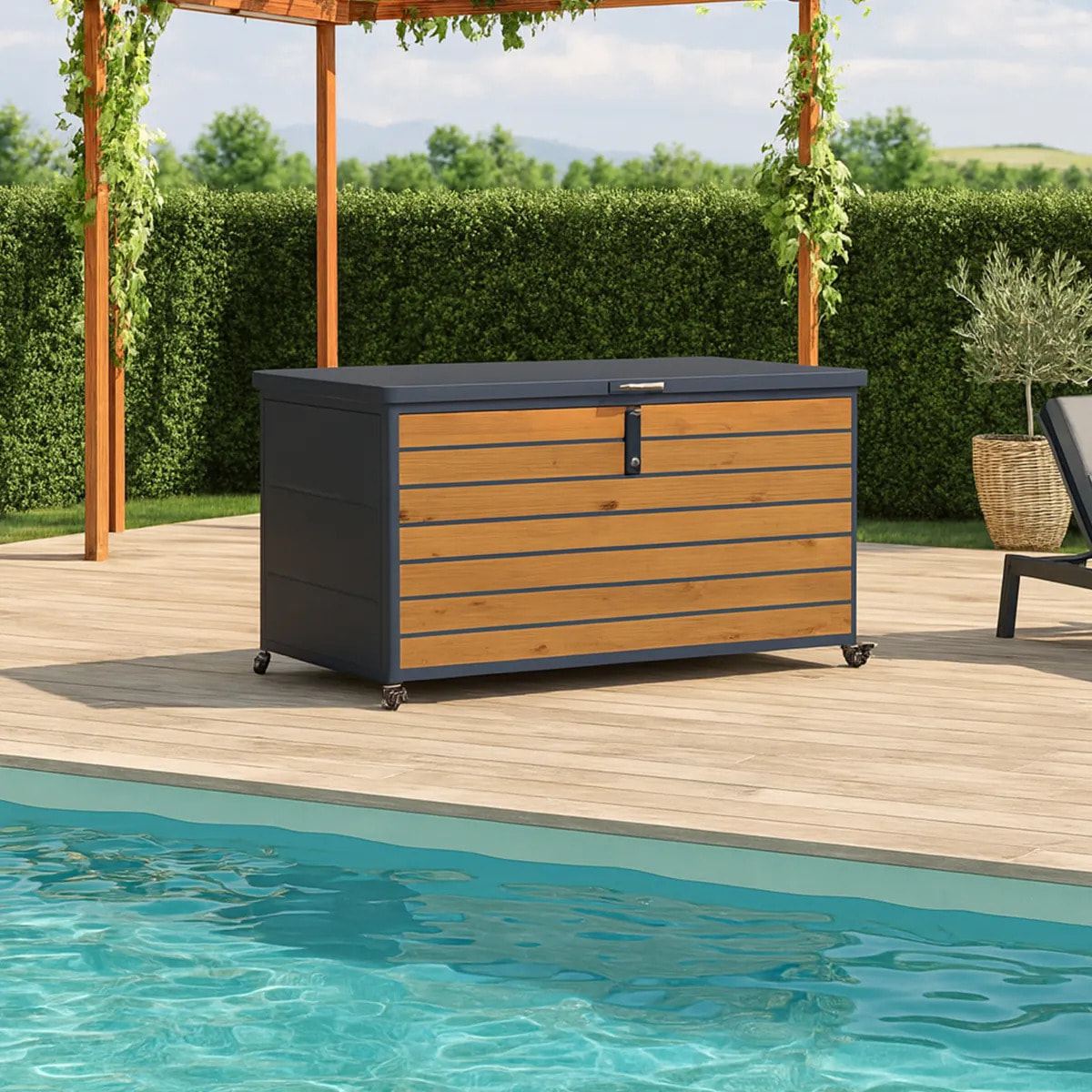 Coffre à roulette PREMIUM métal 650L anthracite imitation bois