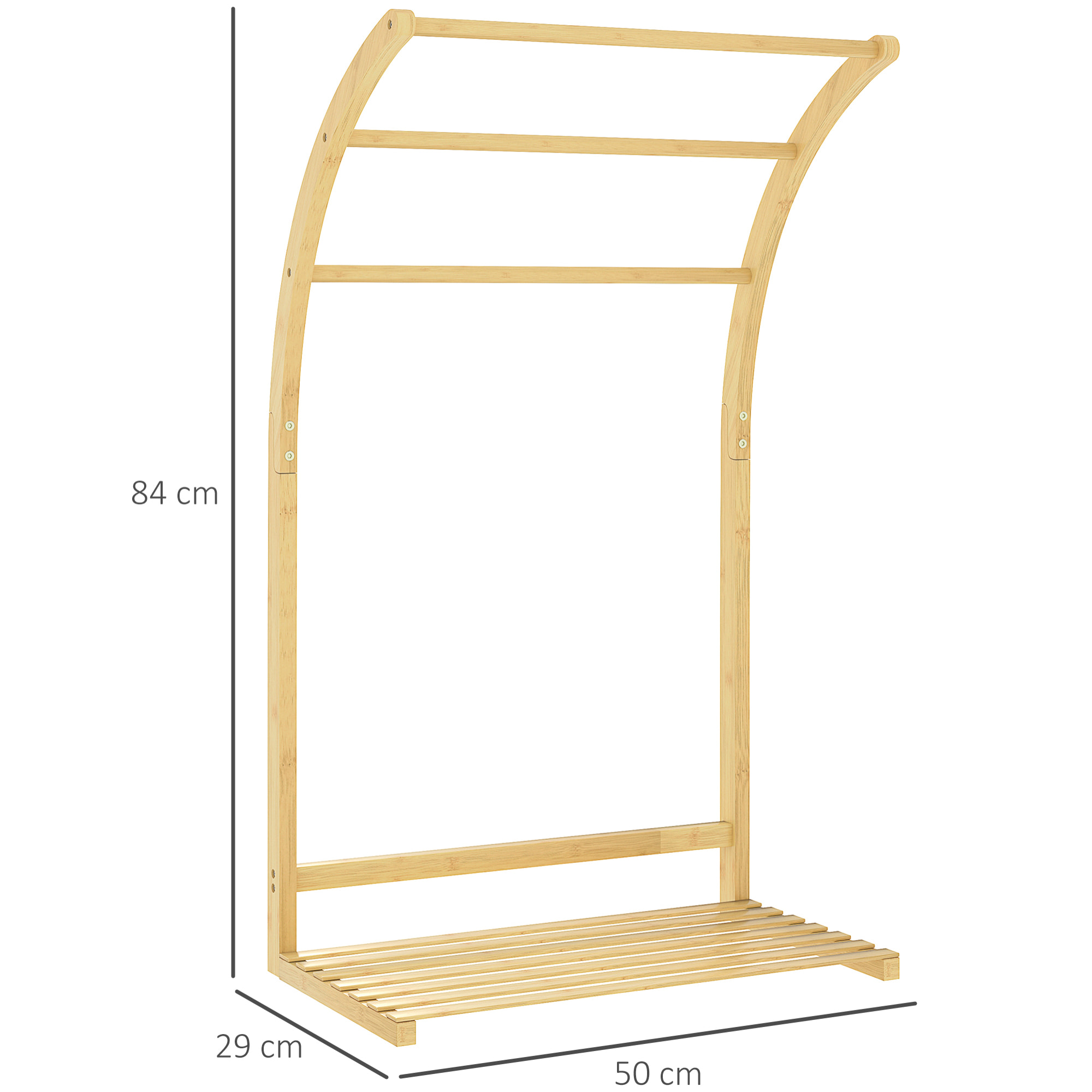 Toallero de Pie de Bambú, Soporte de Toallas de Baño con 3 Barras y Estante de Almacenamiento, para Baño y Lavandería, 50x29x84 cm, Natural