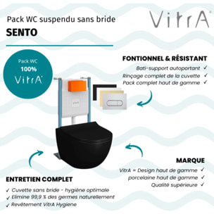 Pack WC suspendu Sento noir + bâti autoportant V-Fix Core + Plaque Round chromé