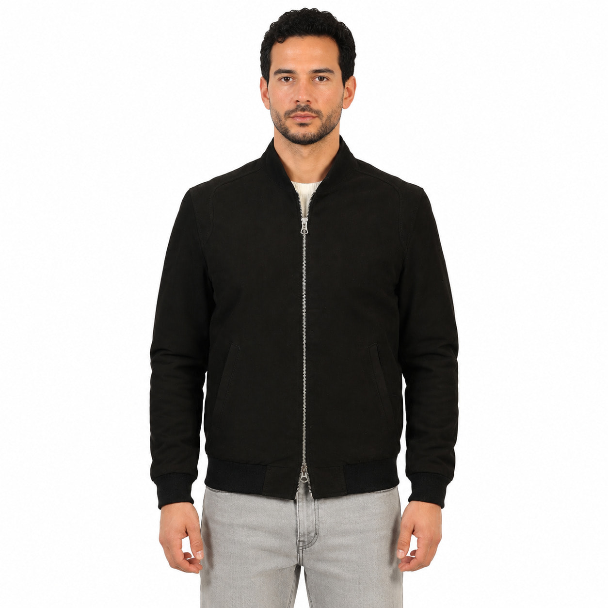 Giubbino in vera pelle di vitello scamosciata Nero-Slim Fit